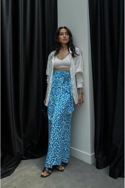Havoş Wrapped Cut Blue Patterned Skirt