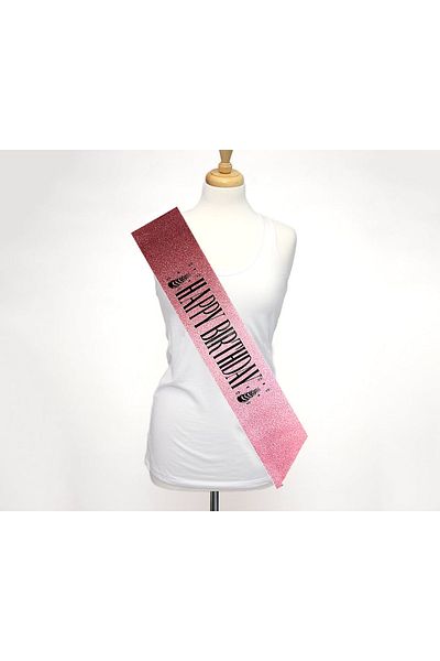 CEKAVE Glittery Sparkling Belt Belt with Black Large Happy Birthday Writing on Pink 10 cm Width