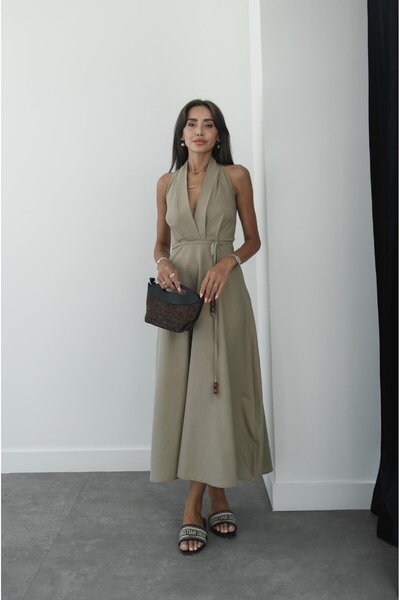 Havoş فستان هاني كاكي من الكتان المخلوط