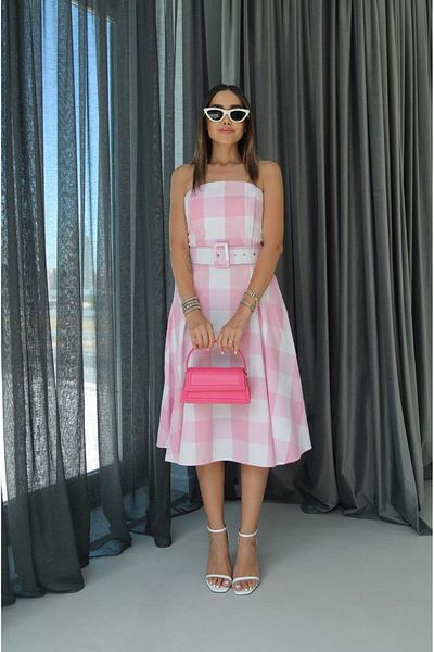 Havoş Pink Belted Gingham Dress