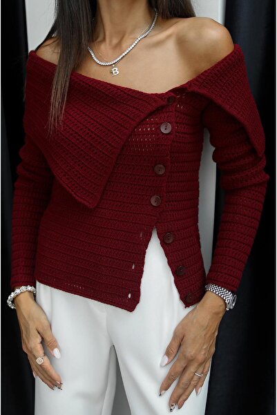 Havoş Front Buttoned Burgundy Boat Neck Blouse