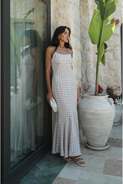 Havoş Φόρεμα Gingham σε μπεζ λεπτό λουράκι