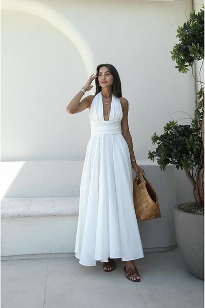 Havoş Linen Dress - White, Mamia Halter Neck