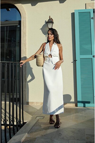 Havoş Λευκό φόρεμα με κορδόνι με λεπτομέρεια με σκίσιμο