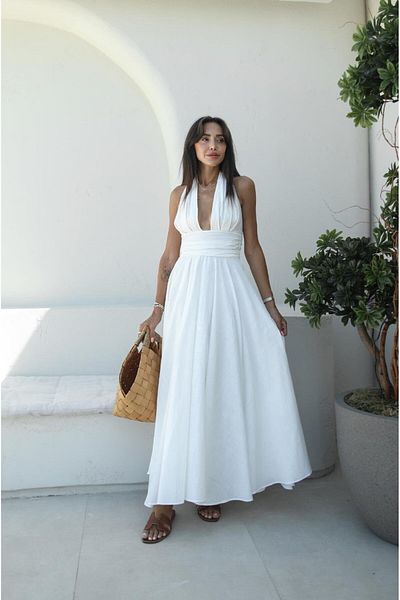 Havoş Linen Dress - White, Mamia Halter Neck