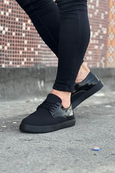 K&A Charcoal Patent Leather Knitwear Men's Casual Shoes