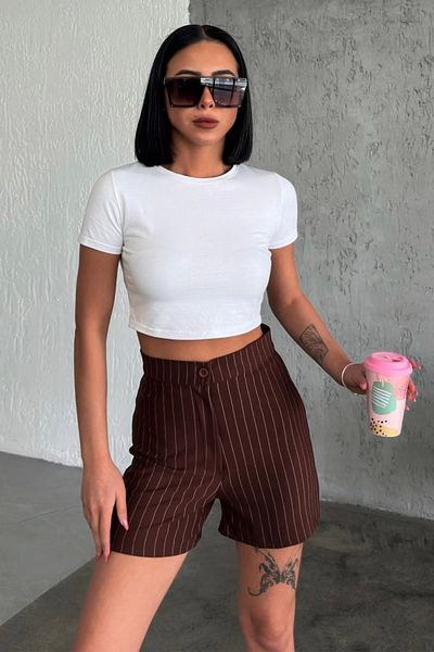 Lisinya High Waist Stretch Crepe Striped Shorts - Offering Elegant and Elegance Together, Brown