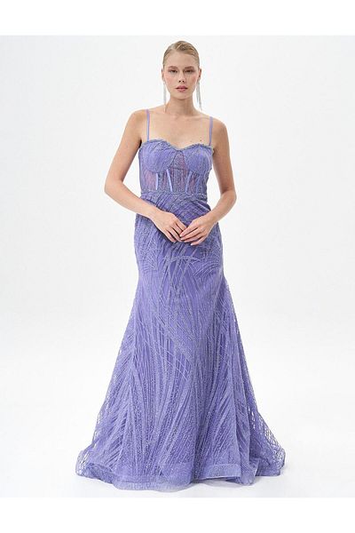 Kayra Rochie de seara cu bretele subtiri in forma de peste liliac