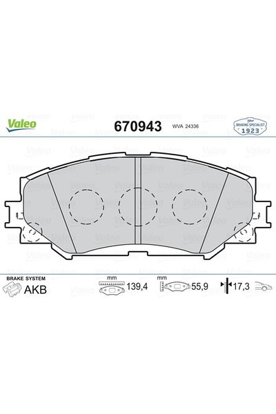 VALEO Toyota Auris Corolla 1.6L 1Zr-Fe Zre151 07-11 / 1.33L 1Nr-Fe Nre - Front Brake Pad