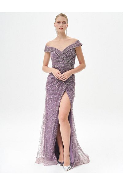 Kayra Lavender Boat Neck Deep Slit Evening Dress