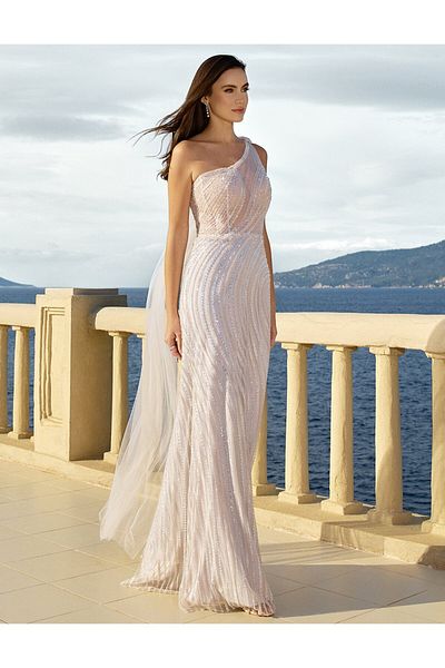 Kayra Fish Form Stone Evening Dress - Tulle Detailed and Embroidered