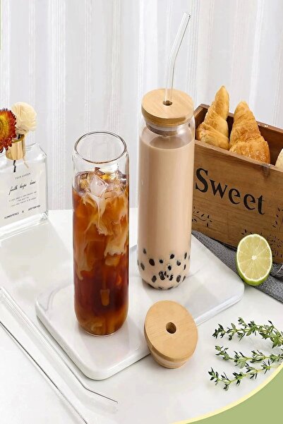 Mallame 2li Bambu Kapaklı Pipetli Isıya Dayanıklı Cam Bardak 550 ml
