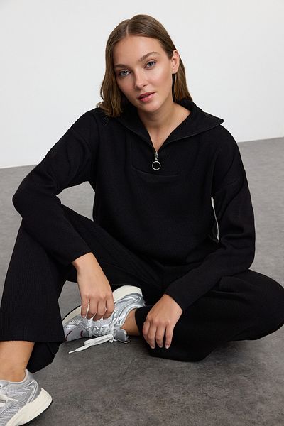 Trendyol Collection Széles szabású, cipzáras fekete kötöttáru szett - TWOAW24AU00026