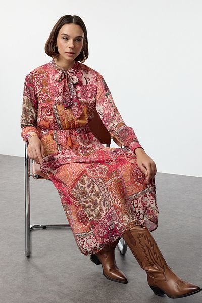 Trendyol Collection Ethnic Patterned Orange Maxi Chiffon Dress - Stand Collar and Lining Twoaw25El00196