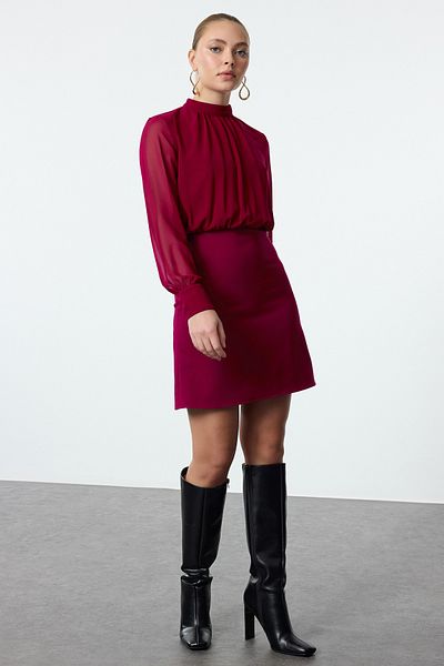 Trendyol Collection Rochie mini din șifon violet cu guler ridicat - linie A, căptușită, TWOAW24EL00296