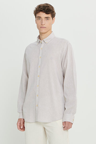 ALTINYILDIZ CLASSICS Bézs Comfort Fit vászon nyári ing - kényelmes szabású, gombos gallér