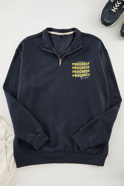 Trendyol Collection Indigo Fleece Bavlněná mikina Oversize - Text na zip Tmnaw23sw00017
