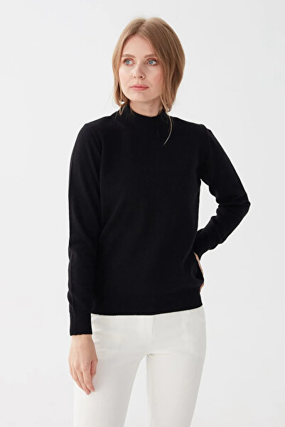 Desen Triko Bluză clasică cu gât pe jumătate de damă, neagră