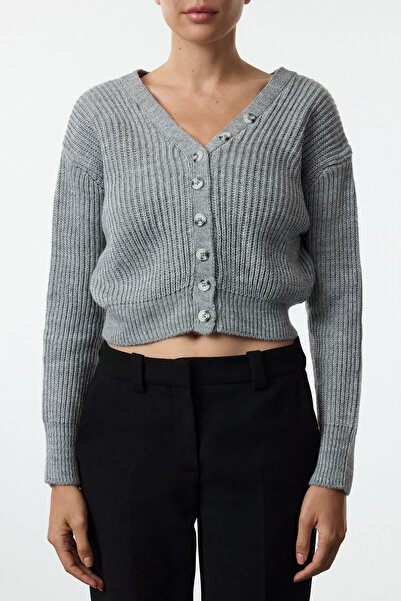 Trendyol Collection V-Neck Anthracite Crop Knitwear Cardigan - Twoaw25Hi00073