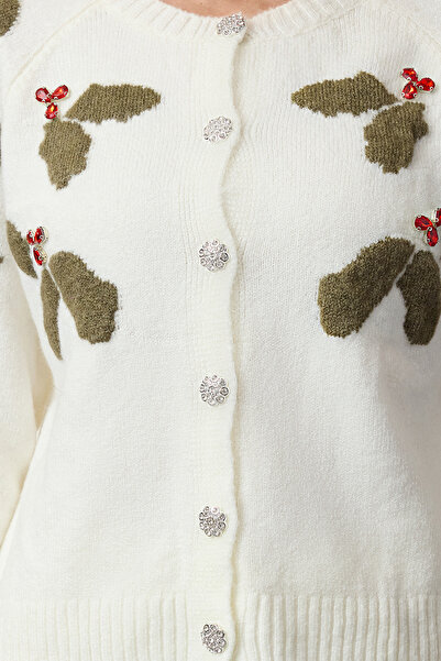 Trendyol Collection New Year's Ecru Themed - Soft Texture and Stone Embroidered Knitwear Cardigan Button Detail Twoaw25Hi00343
