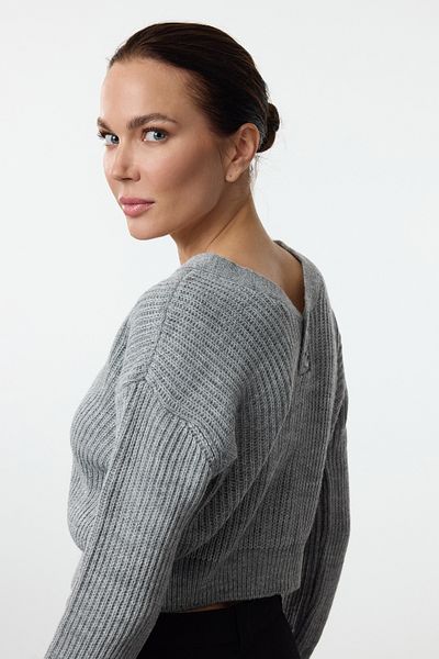 Trendyol Collection V-Neck Anthracite Crop Knitwear Cardigan - Twoaw25Hi00073