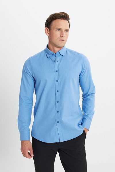 ALTINYILDIZ CLASSICS Blaues Oxford-Flanellhemd für Herren – Winterhemd in Slim Fit, geknöpfter Kragen