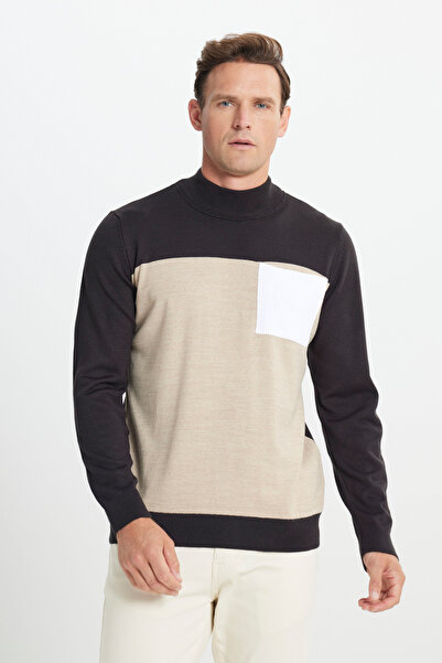 ALTINYILDIZ CLASSICS Men's Brown-Beige Standard Fit Regular Cut Half Turtleneck Knitwear Sweater