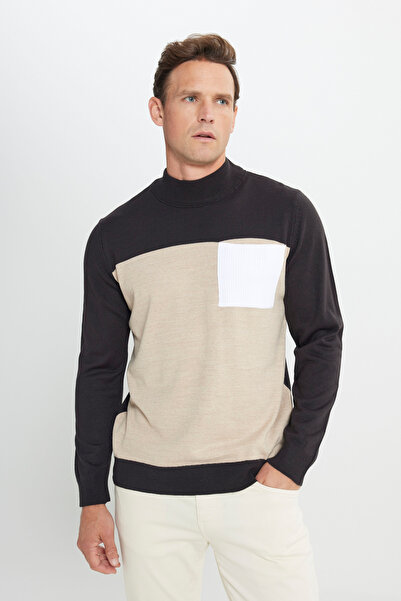 ALTINYILDIZ CLASSICS Men's Brown-Beige Standard Fit Regular Cut Half Turtleneck Knitwear Sweater