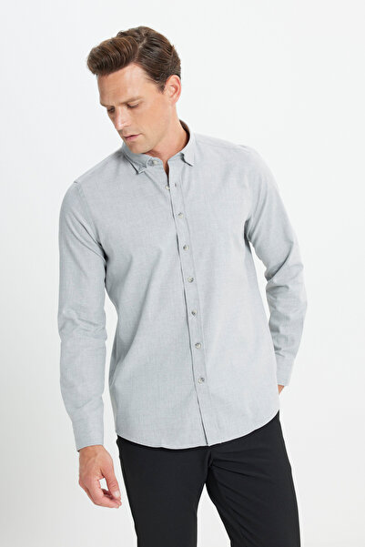 AC&Co / Altınyıldız Classics Světle šedá flanelová dřevorubecká košile - Slim Fit, límeček na knoflíky, zima