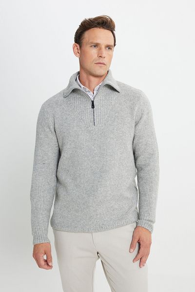 ALTINYILDIZ CLASSICS Herren-Strickpullover aus grauer Melange-Wolle, Standard-Passform, normaler Schnitt, Bato-Kragen, gemustert