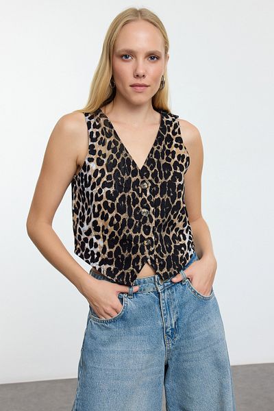 Trendyol Collection Mehrfarbige, taillierte, bauchfreie, gewebte Weste mit Leopardenmuster TWOAW25YE00096