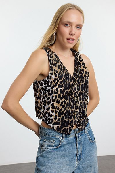 Trendyol Collection Mehrfarbige, taillierte, bauchfreie, gewebte Weste mit Leopardenmuster TWOAW25YE00096