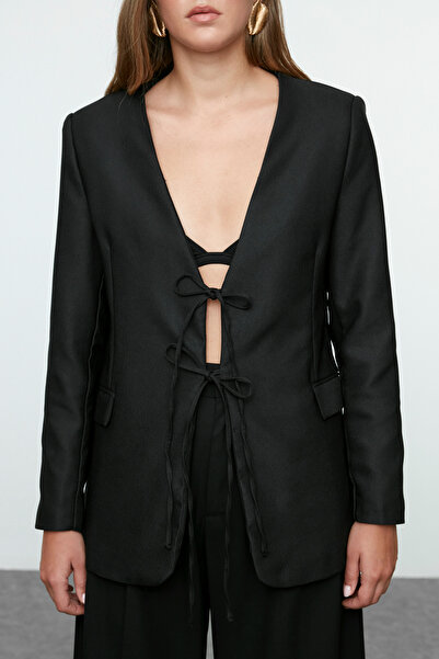 Trendyol Collection Черно яке с тъкани блейзъри с връзки Twoaw25Bc00028