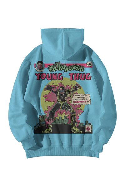 Scrovtie Γυναικεία Ανδρικά Baby Blue Metroboomin Young Thug με στάμπα μεγάλου μεγέθους με κουκούλα καγκουρό με κουκούλα