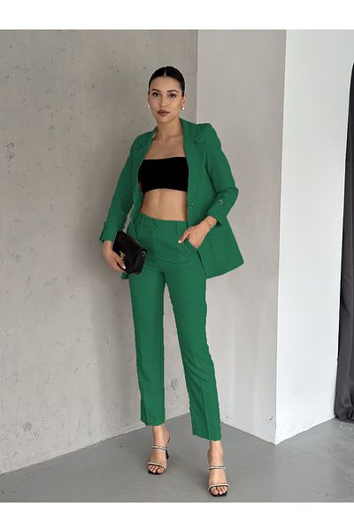 diaves Green Folded Sleeve Detail Blazer Jacket and Carrot Cut Pants Atlas Woven Fabric Suit