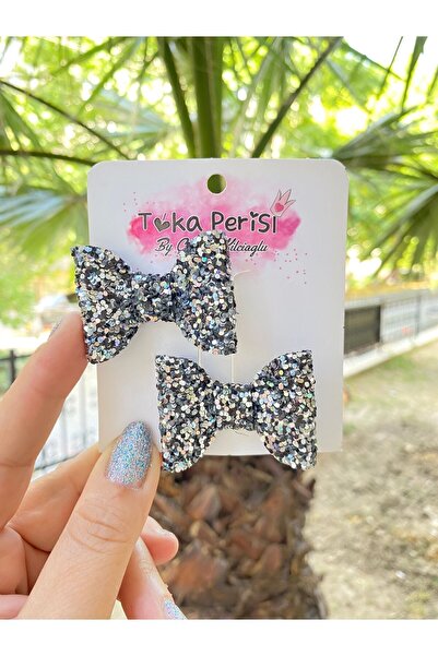 Toka Perisi Glitter Pırıltılı Gri Platin Mini Fiyonk 2 'li Saç Lastiği
