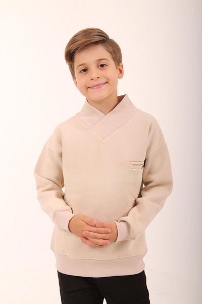 Perendi Boy's Sweatshirt - Stone with Pocket Detail and Fleece
