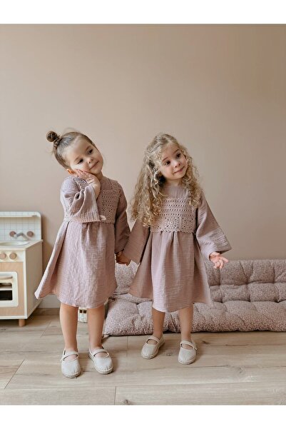 Lalia Rose Dress Kız Çocuk Gül Kurusu Müslin Mevsimlik Elbise 2'li Set (elbise Ve Crop Örgü)?