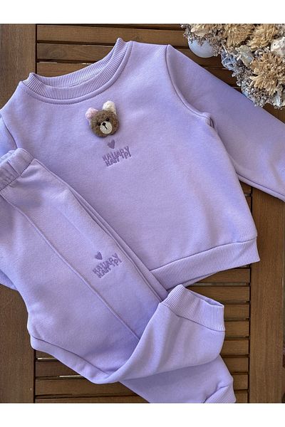 Baby Aden 3 - Girl's Embroidered Tracksuit Set, Yarn Woven, Teddy Bear and Ankle Elastic