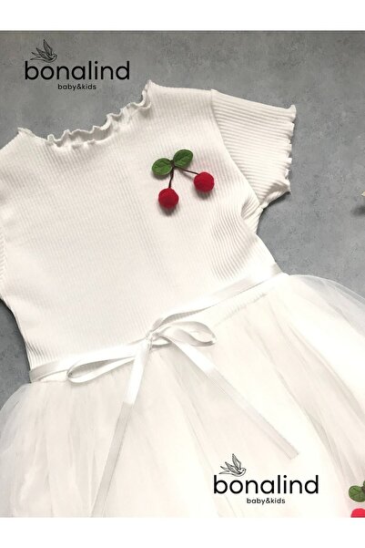 bonalind Κοριτσίστικο φόρεμα από λευκό τούλι Cherry με υφασμάτινο τοπ και φόδρα από κάτω