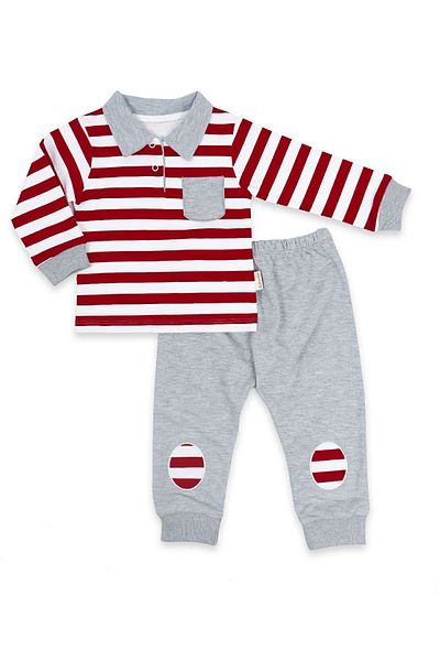 Bebelop Polo Collar Striped Single Pocket Knee Protection Baby Boy Top and Bottom Stitched Combed Cotton Set