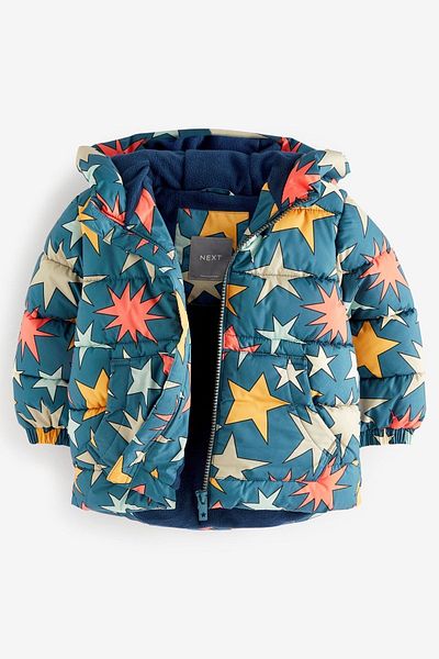Next Baby Fleece Lined Sea Blue Star Patterned Waterproof Hooded Coat