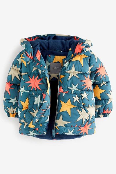 Next Baby Sea Blue Star Patterned Fleece Lined Waterproof Hooded Jacket