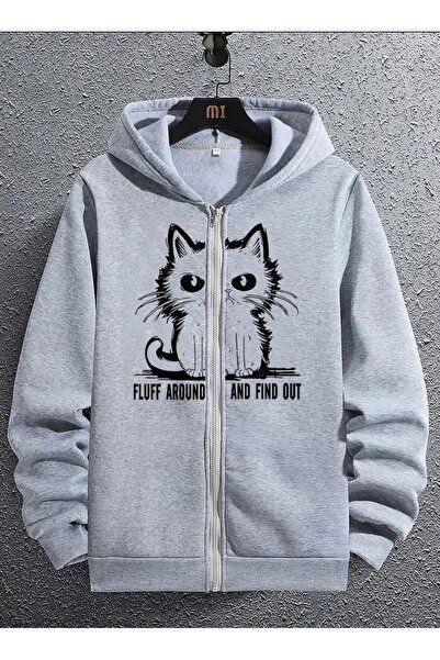Daxia OVERSİZE Kız/erkek Çocuk KEDI Baskılı GRİ RENK Fermuarlı Hırka Kapüşonl...