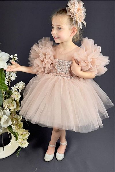ABİYEKİDS Powder Sequined Sleeve Detailed Style Children's Evening Dress