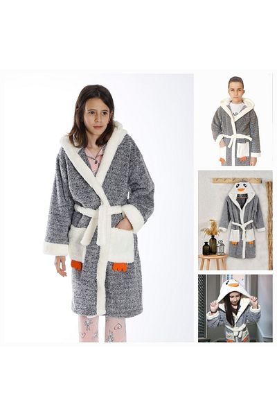 brntekstil Penguin Embroidered Welsoft Plush Children's Young Fleece Dressing Gown Welsoft Soft Bathrobe