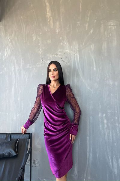 kamacibutik Rochie din catifea cu guler dublu cu detaliu din tul