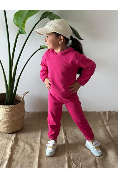 BAHNUR Fuşya 3 Üç Iplik Kapşonlu Bebek Çocuk Eşofman Takımı