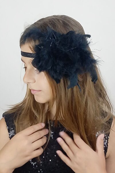 GİST Kız Çocuk Siyah Tüy Süslemeli Simli Saç Bandı