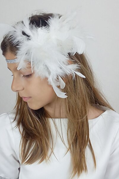 GİST Kız Çocuk Beyaz Tüy Süslemeli Simli Saç Bandı